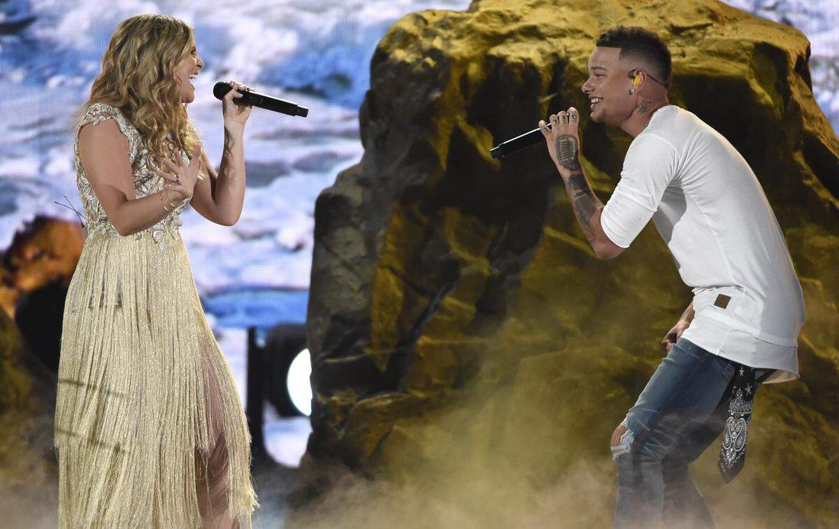 Kane Brown, right, and Lauren Alaina perform “What Ifs” at the 53rd annual Academy of Country Music Awards at the MGM Grand Garden Arena on April 15 in Las Vegas.