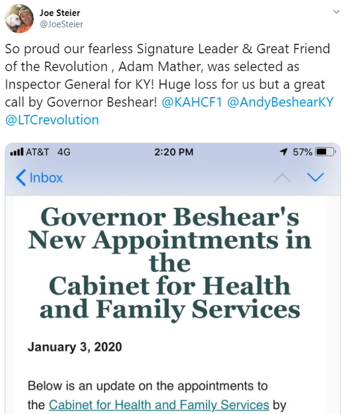 Tweet from Signature CEO Joe Steier