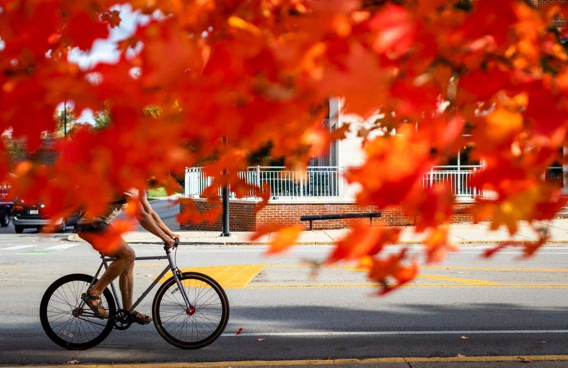 A bicyclist rides through the University of Kentucky’s campus in Lexington, Ky., Monday, October 12, 2020.