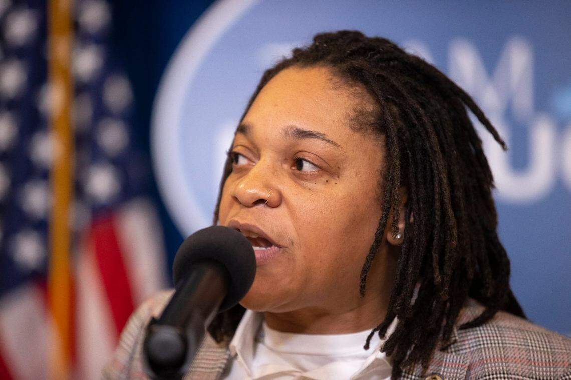 Rep. Keturah Herron, D-Lousivlle, speaks during the Fairness Rally at the Kentucky state Capitol in Frankfort, Ky., on Wednesday, Feb. 15, 2023.
