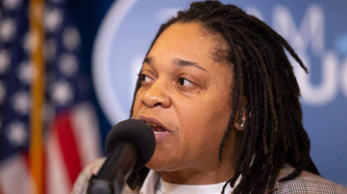 Rep. Keturah Herron, D-Lousivlle, speaks during the Fairness Rally at the Kentucky state Capitol in Frankfort, Ky., on Wednesday, Feb. 15, 2023.