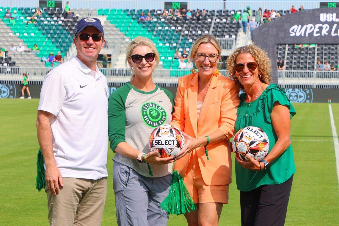 Lexington Sporting Club CEO Kim Shelton (far right) is shown alongside (from left to right) Kentucky Gov. Andy Beshear, his wife Britainy and USL Super League President Amanda Vandervort prior to the first Super League match at the Lexington SC Stadium on Sept. 8, 2024, in Lexington, Ky.