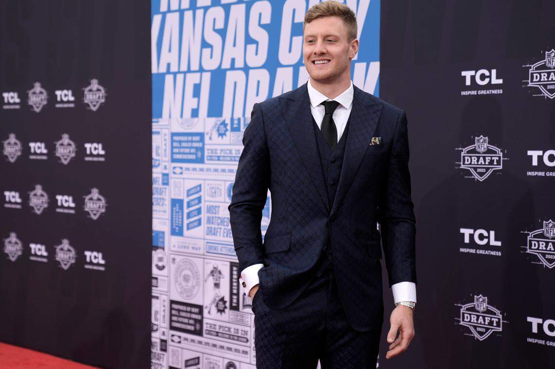 Kentucky quarterback Will Levis arrives on the red carpet before the first round of the NFL Draft on Thursday in Kansas City, Mo.