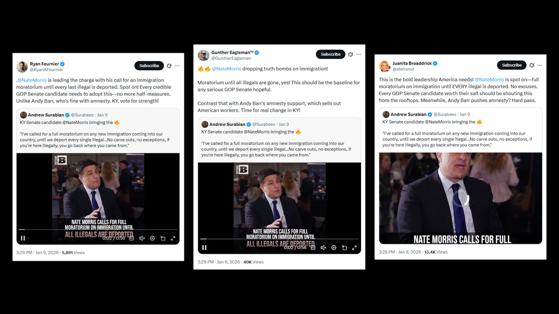 A screenshot of influencers posting to X about Kentucky U.S. Senate candidate Nate Morris with similar talking points around the same time.