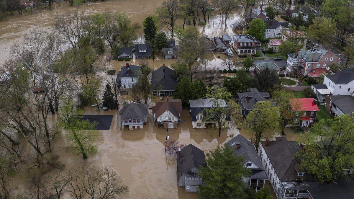 The Kentucky River floods in Frankfort, Ky., on Sunday, April 6, 2025.