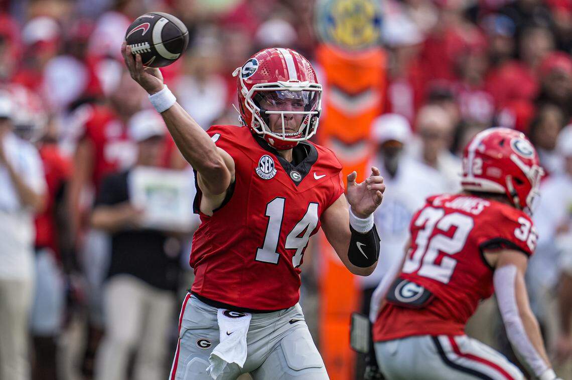 In his first season as Georgia’s full-time starting quarterback, Gunner Stockton is completing 69.7% of his throws and has thrown five touchdown passes with no interceptions.