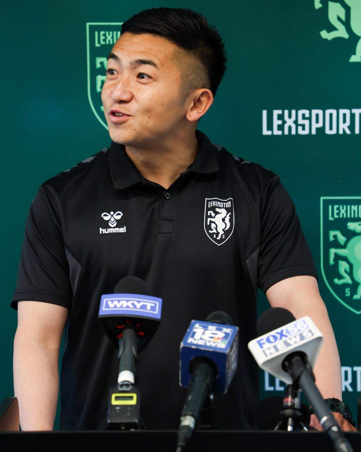 Lexington Sporting Club women’s team head coach Masaki Hemmi speaks to reporters during his introductory news conference at the Lexington SC Stadium on Monday, July 7, 2025.