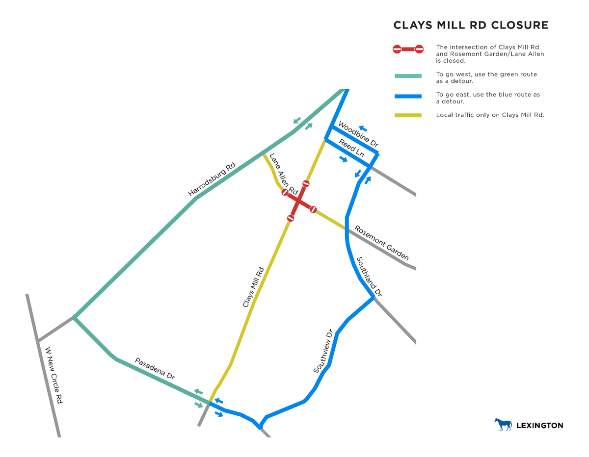 The intersection of Clays Mill Road, Lane Allen and Rosemont Garden, a key connector between Nicholasville and Harrodsburg Roads, will close beginning May 31 and won’t reopen until Aug. 5.