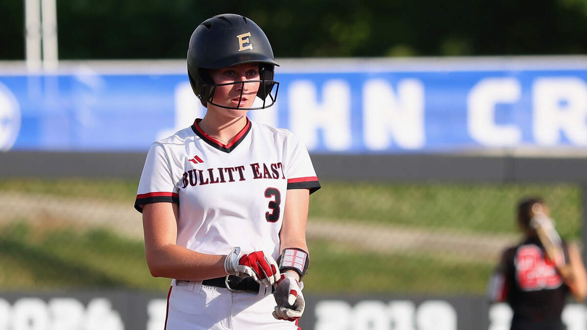 Bullitt East’s Kinnley Murphy stands on second base after a double during the Chargers’ 13-3 win over George Rogers Clark in the Softball State Tournament semifinals at the University of Kentucky’s John Cropp Stadium on Friday. Photos available for purchase at ToniaWhittPhoto.com.