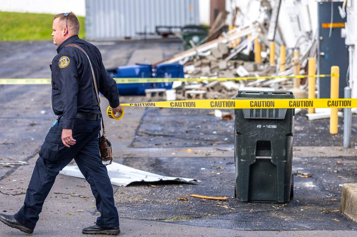 A building near the corner of Versailles Road and Bennett Avenue sustained damage during storms in Lexington, Ky., on Tuesday, April 2, 2024.