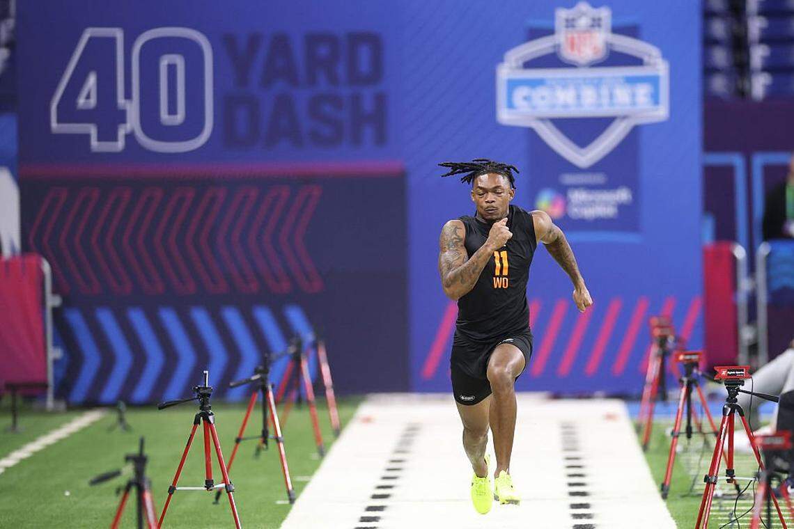 INDIANAPOLIS, INDIANA - FEBRUARY 28: Barion Brown of the Louisiana State Tigers participates in the 40-yard dash during the 2026 NFL Scouting Combine at Lucas Oil Stadium on February 28, 2026 in Indianapolis, Indiana. (Photo by Stacy Revere/Getty Images)