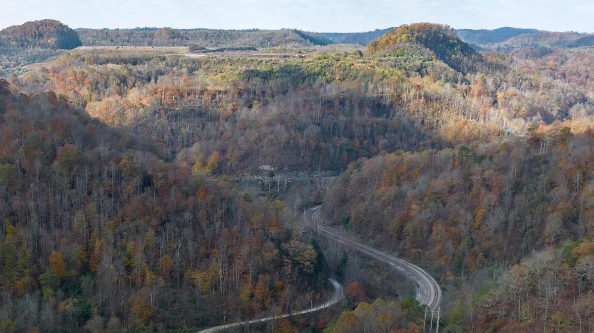 A road leads to the area where two workers are trapped inside a collapsed coal preparation plant in Martin County, Ky., on Wednesday, Nov. 1, 2023.