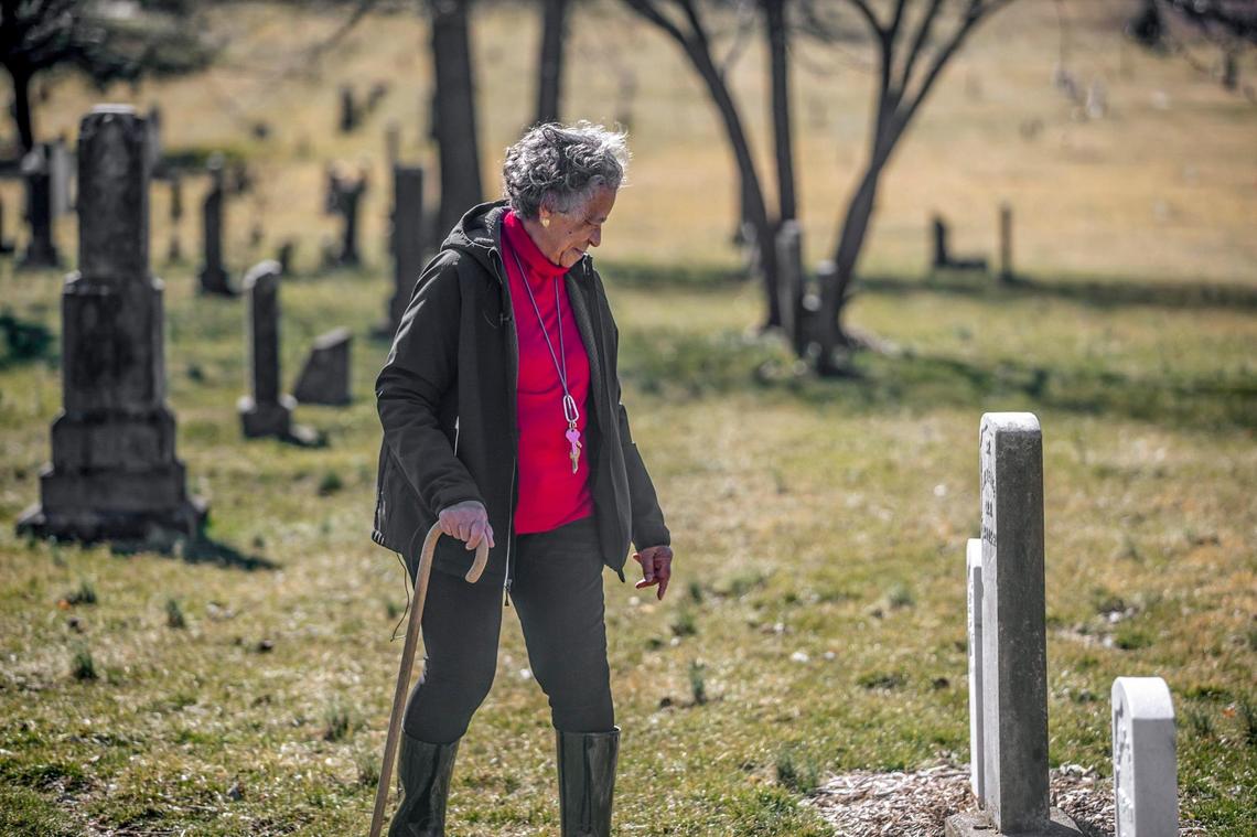 Yvonne Giles looks at new headstones on Sunday, Feb. 20, 2022, she helped acquire for military veterans buried at African Cemetery #2. Many of the soldiers who enlisted at Camp Nelson for their freedom are buried there.