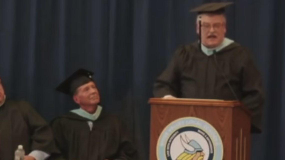 Jim McGuire, right, told graduating seniors at River Valley High School in Caledonia, Ohio, to choose a spouse, but not one of the same sex.