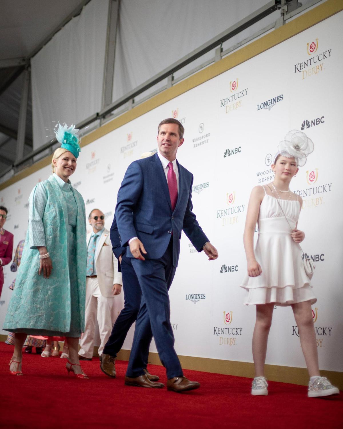 Kentucky governor Andy Beshear takes to the red carpet with family at Churchill Downs before the start of 149th Kentucky Derby in Louisville, Kentucky on Saturday, May 6, 2023.