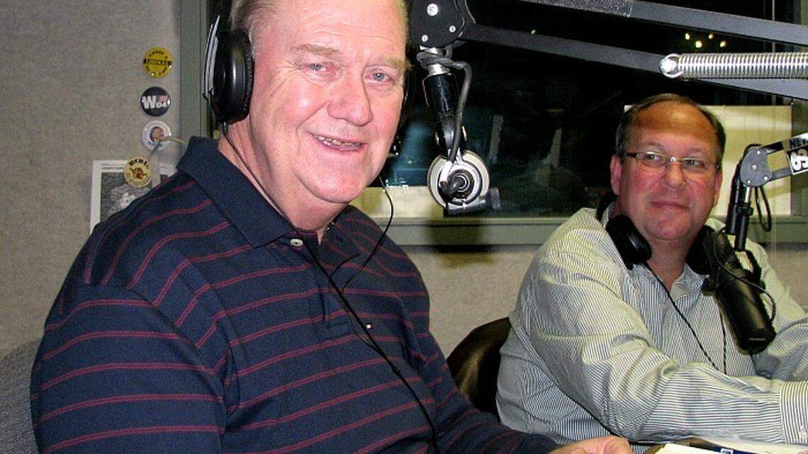 Rick Shaw, foreground, hosts the Kentucky High School Scoreboard Show on Friday nights on WLAP AM-630. Shaw, who retired as a sales representative last year, works with Bill Whitaker.