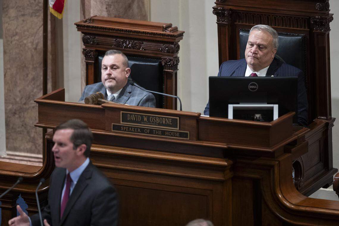 Senate President Robert Stivers listens to Gov. Andy Beshear speak during the State of the Commonwealth address in the House of Representatives in Frankfort, Ky, Wednesday, January 3, 2024.