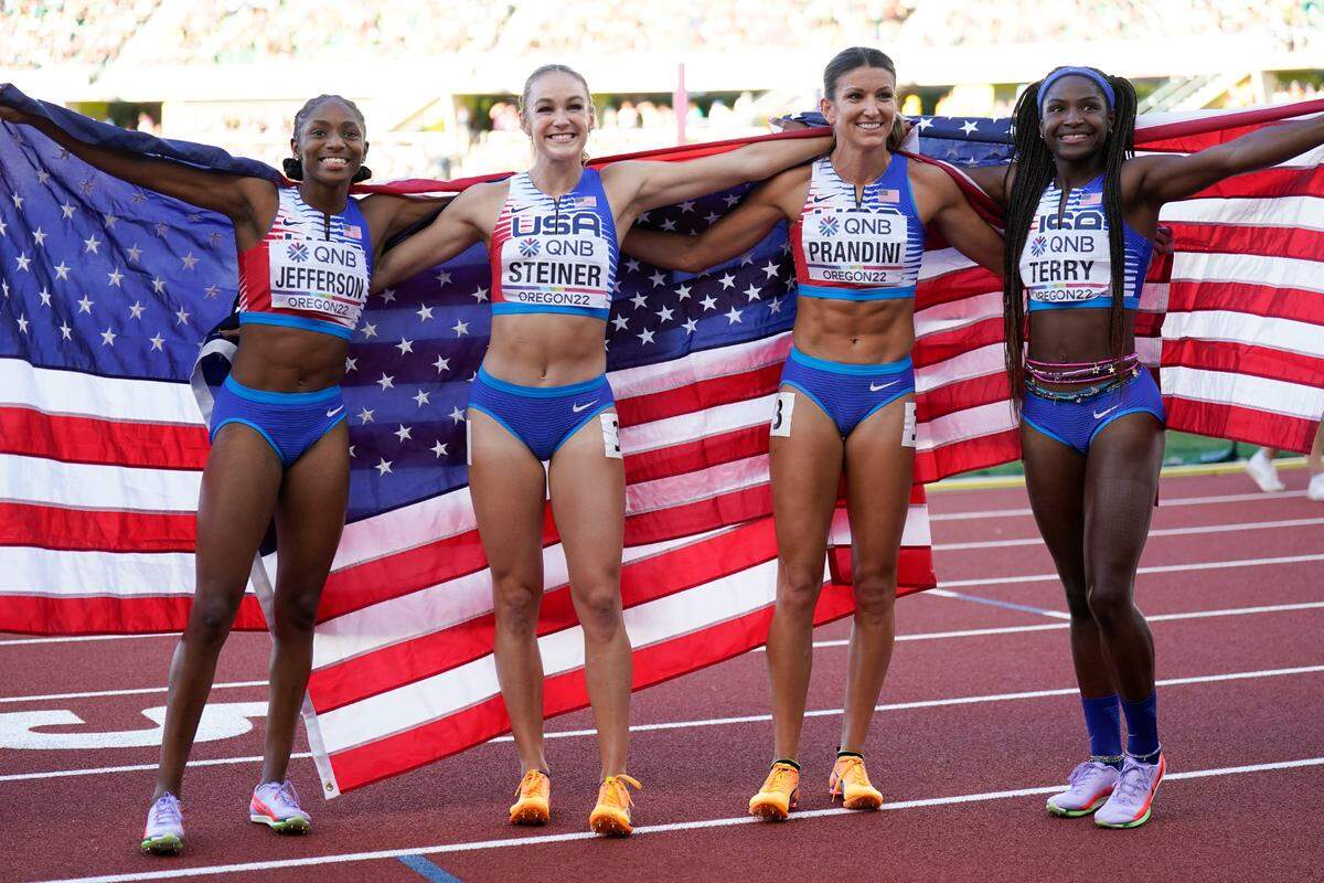 Team USA (Melissa Jefferson, Abby Steiner, Jenna Prandini and Twanisha Terry) poses after winning gold in the 4-by-100-meter relay at the World Championships in Eugene, Ore., last July.