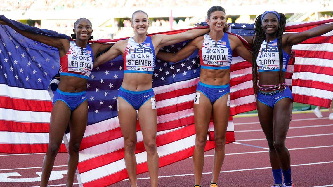 The American team, which included Melissa Jefferson, Abby Steiner, Jenna Prandini and Twanisha Terry, finished in 41.14 to win the women’s 4-by-100-meter relay at the World Athletics Championships on Saturday in Eugene, Ore.