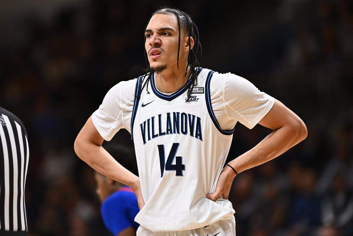 Nov 6, 2023; Villanova, Pennsylvania, USA; Villanova Wildcats forward Lance Ware (14) reacts against the American University Eagles in the first half at William B. Finneran Pavilion. Mandatory Credit: Kyle Ross-USA TODAY Sports