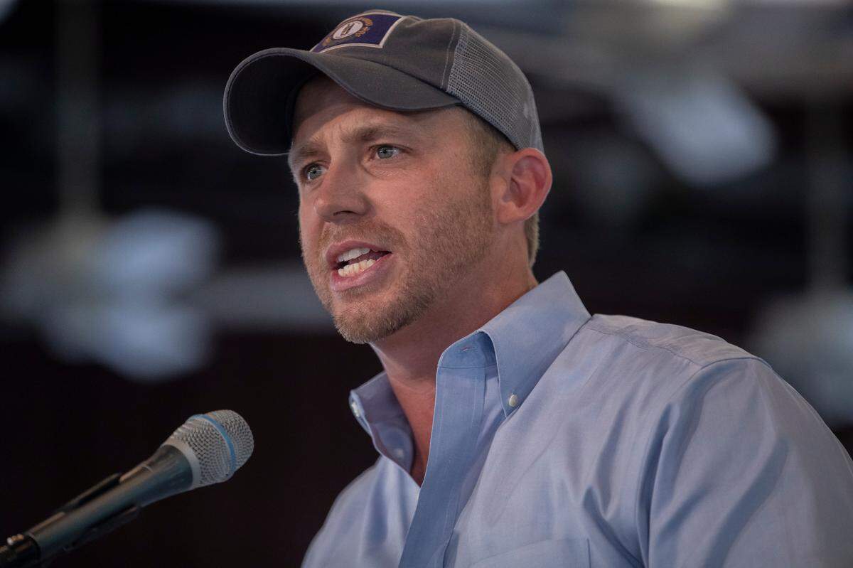 Jonathan Shell, Republican candidate for agriculture commissioner, speaks during the Fancy Farm picnic in Fancy Farm, Ky., on Saturday, Aug. 5, 2023.