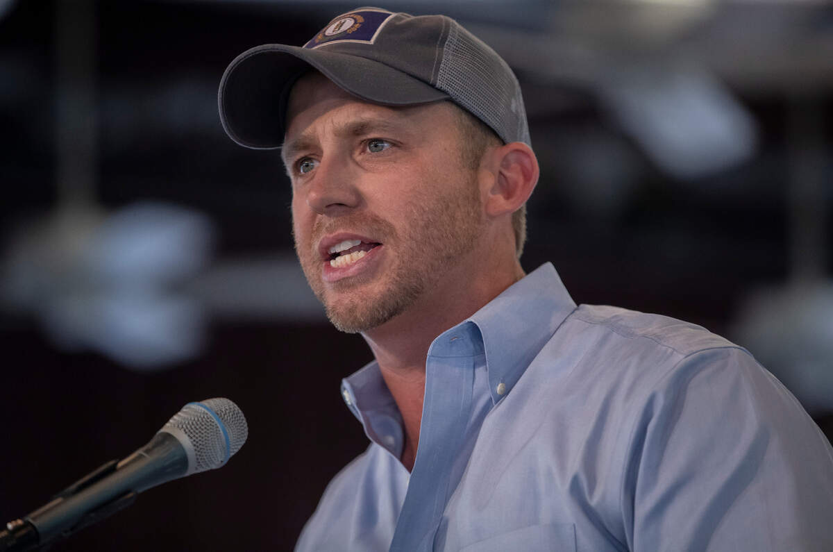 Jonathan Shell, Republican candidate for agriculture commissioner, speaks during the Fancy Farm picnic in Fancy Farm, Ky., on Saturday, Aug. 5, 2023.