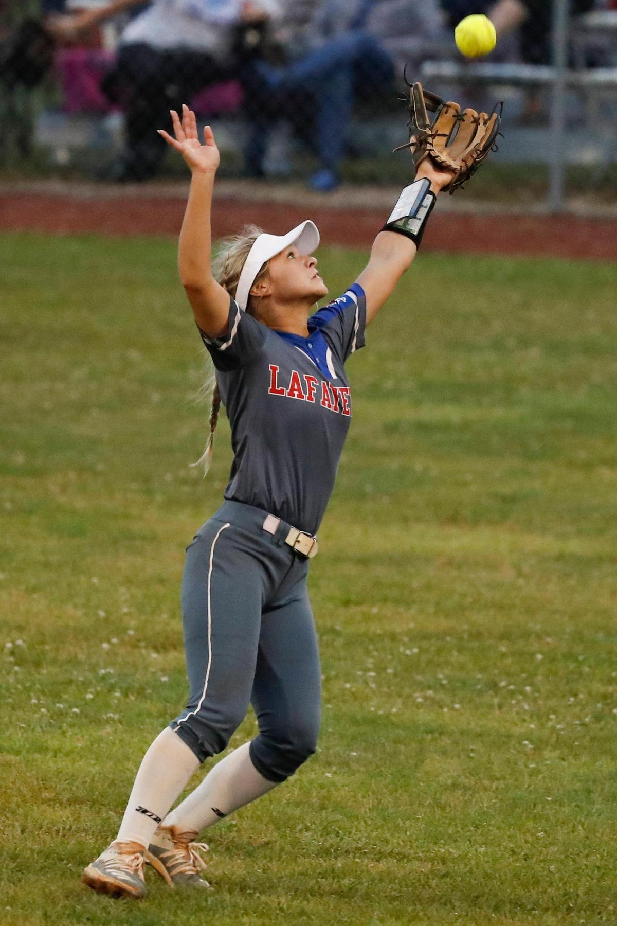 Lafayette’s Natalie Henry (8) makes an inning-ending catch in the top of the fifth. The Generals would score their second run in the bottom of the frame en route to a 2-0 win over Lexington Catholic in the 11th Region championship on Tuesday.