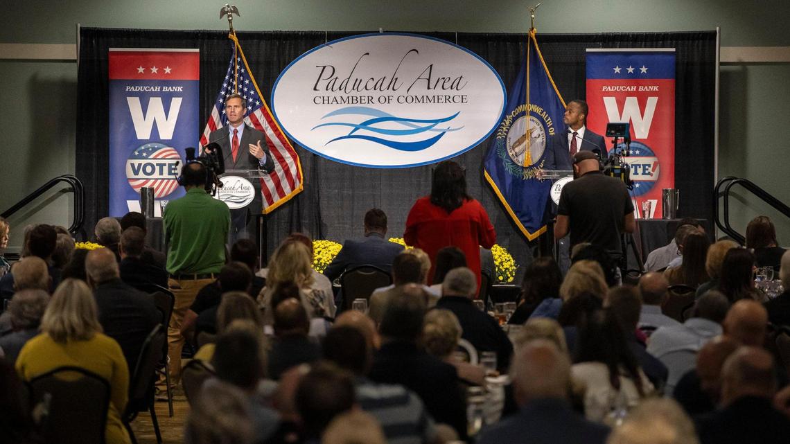 Democratic Gov. Andy Beshear, who is running for reelection, and Republican nominee and attorney general Daniel Cameron attend the Paducah Area Chamber of Commerce’s Power in Partnership Luncheon and Gubernatorial Forum at the Paducah-McCracken County Convention Center in Paducah, Ky., on Thursday, Oct. 12, 2023.