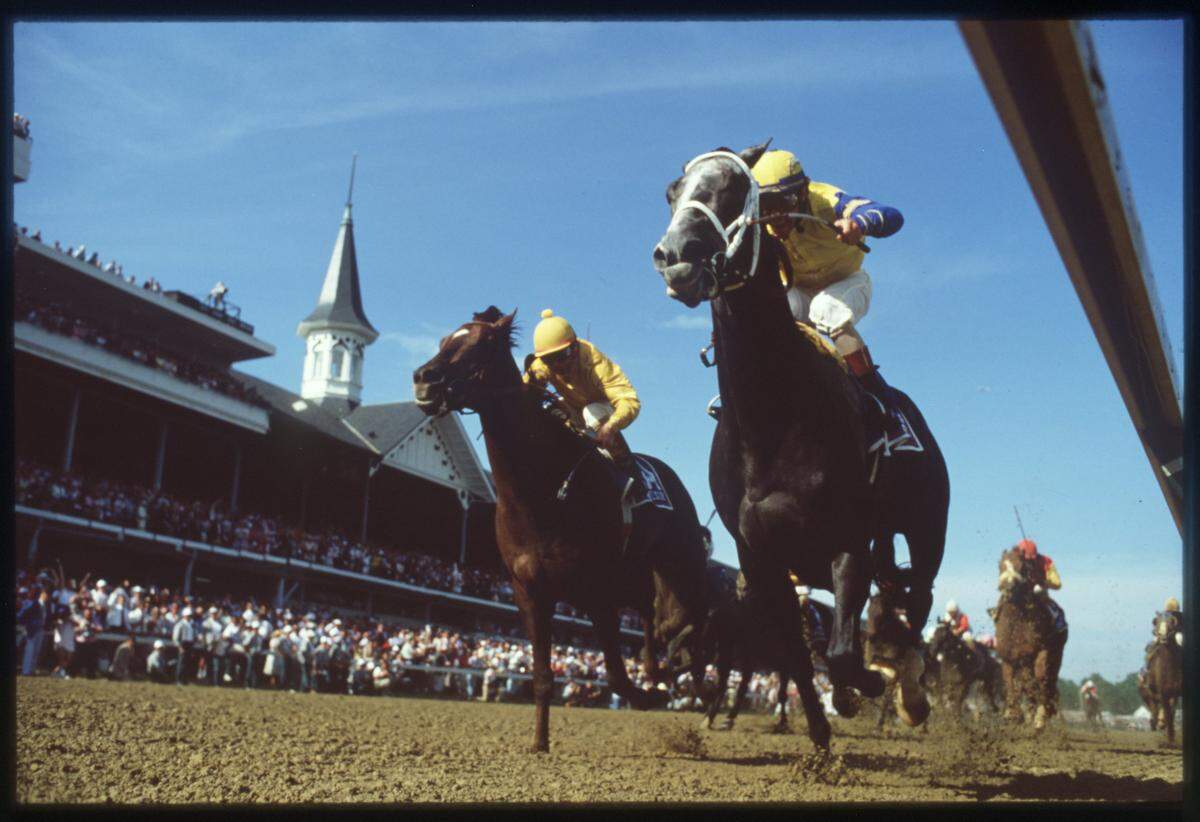 Winning Colors, with jockey Gary Stevens up, wins the Kentucky Derby on May 7, 1988, at Churchill Downs in Louisville, Kentucky. Winning Colors is the most recent filly to win the Derby. 
