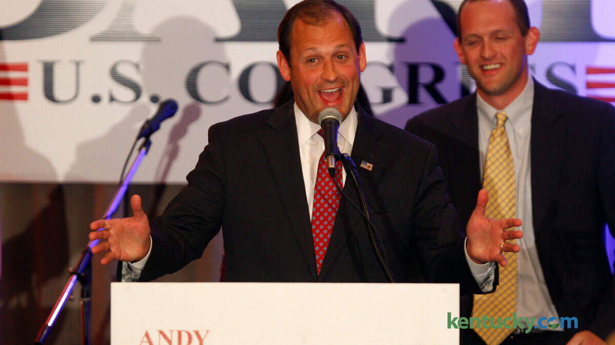U. S. Rep. Andy Barr D-Lexington speaks to supporters following his reelection to Congress at the Embassy Suites in Lexington, Ky., Tuesday, November 4, 2014. Photo by Matt Goins