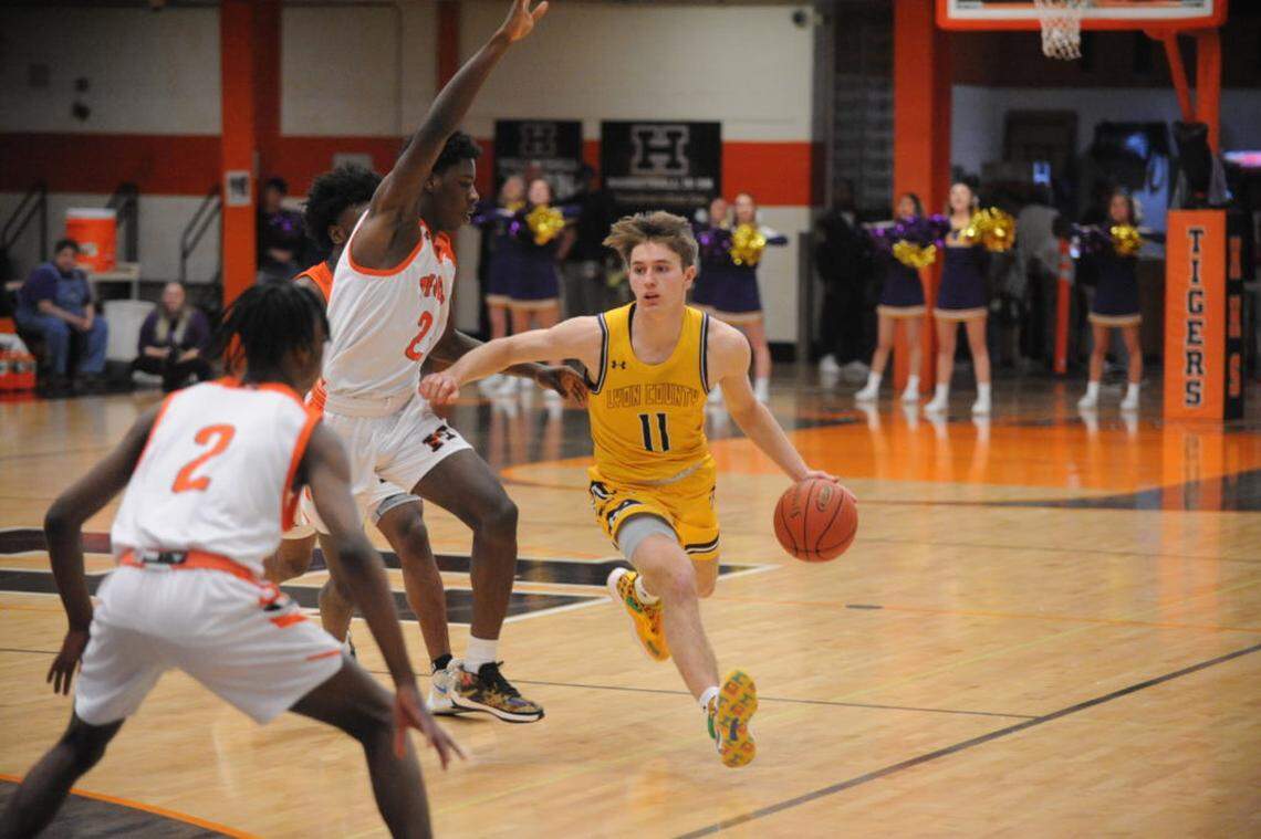 Lyon County junior guard Travis Perry has already scored more than 3,000 points in his high school basketball career. The 6-foot-2 Perry has the all-time Kentucky boys’ high school scoring record held by Wayland’s “King” Kelly Coleman (4,337) within reach.