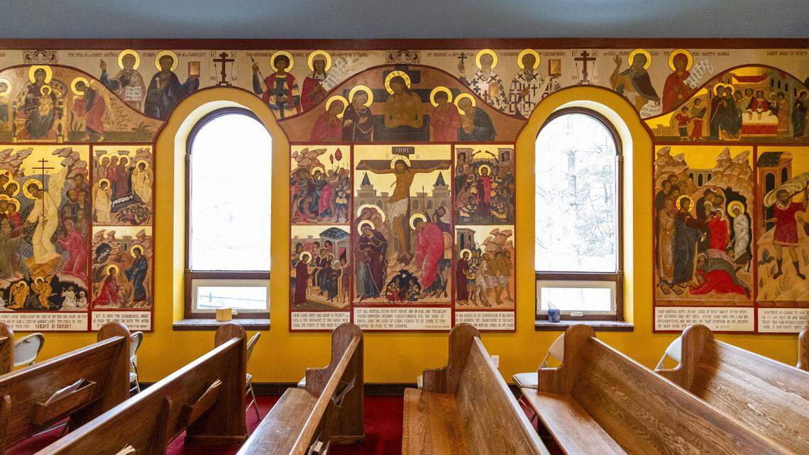 The four walls inside St. Andrew Orthodox Church are covered with floor-to-ceiling icons with gold-lead details painted by Ksenia Pokrovsky, a renowned modern iconographer who learned her craft in secret in the Soviet Union before immigrating to the United States. The icons include scenes from the lives of Christ, Mary, Orthodox feast days, and American Orthodox saints and inscriptions.