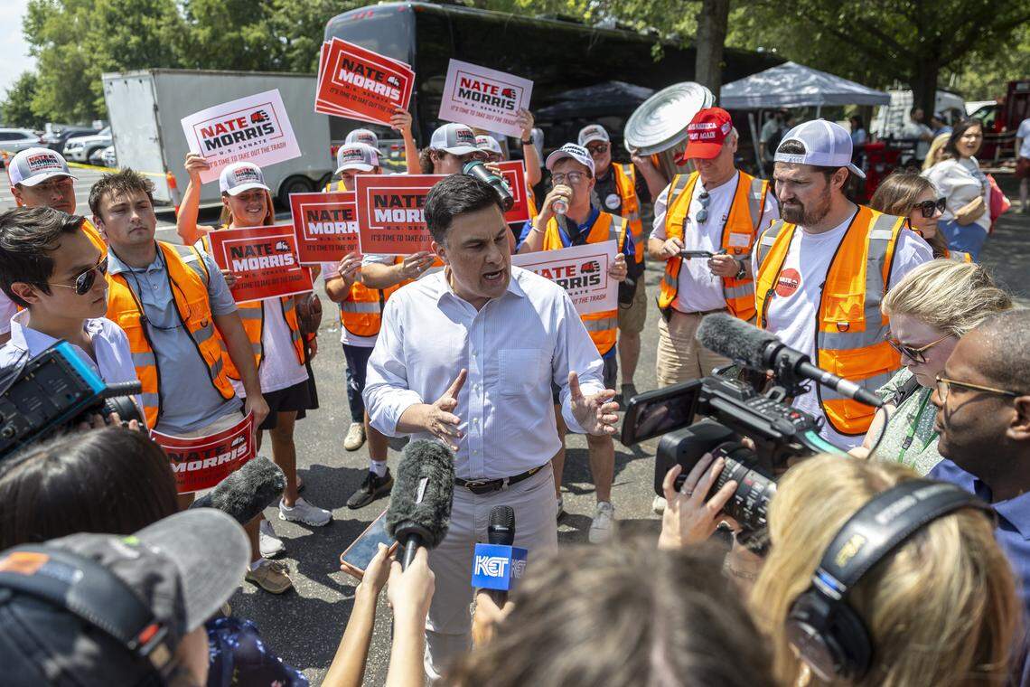 Nate Morris, a candidate for U.S. Senate, speaks to members of the media after arriving at the 145th Annual St. Jerome Fancy Farm Picnic in Fancy Farm, Ky., on Saturday, Aug. 2, 2025.