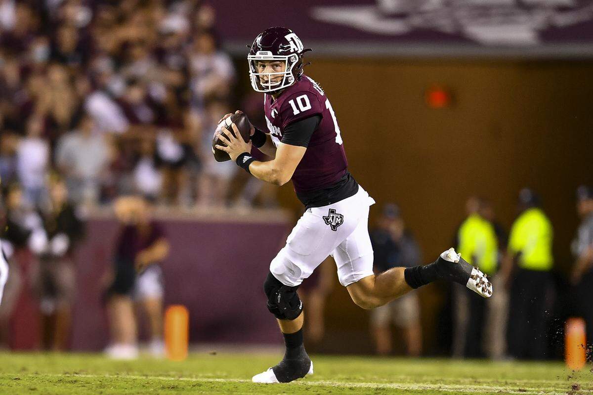 Oct 23, 2021; College Station, Texas, USA;  Texas A&M Aggies quarterback Zach Calzada (10) throws the ball during the first quarter against the South Carolina Gamecocks at Kyle Field. Mandatory Credit: Maria Lysaker-USA TODAY Sports