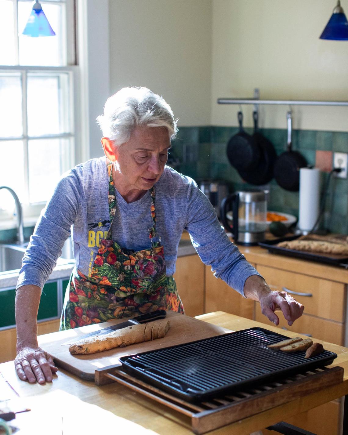 Arrange the slices on a wire rack on the baking pan for the second baking. Don’t worry about any slices that crumble: The cook gets to eat those.