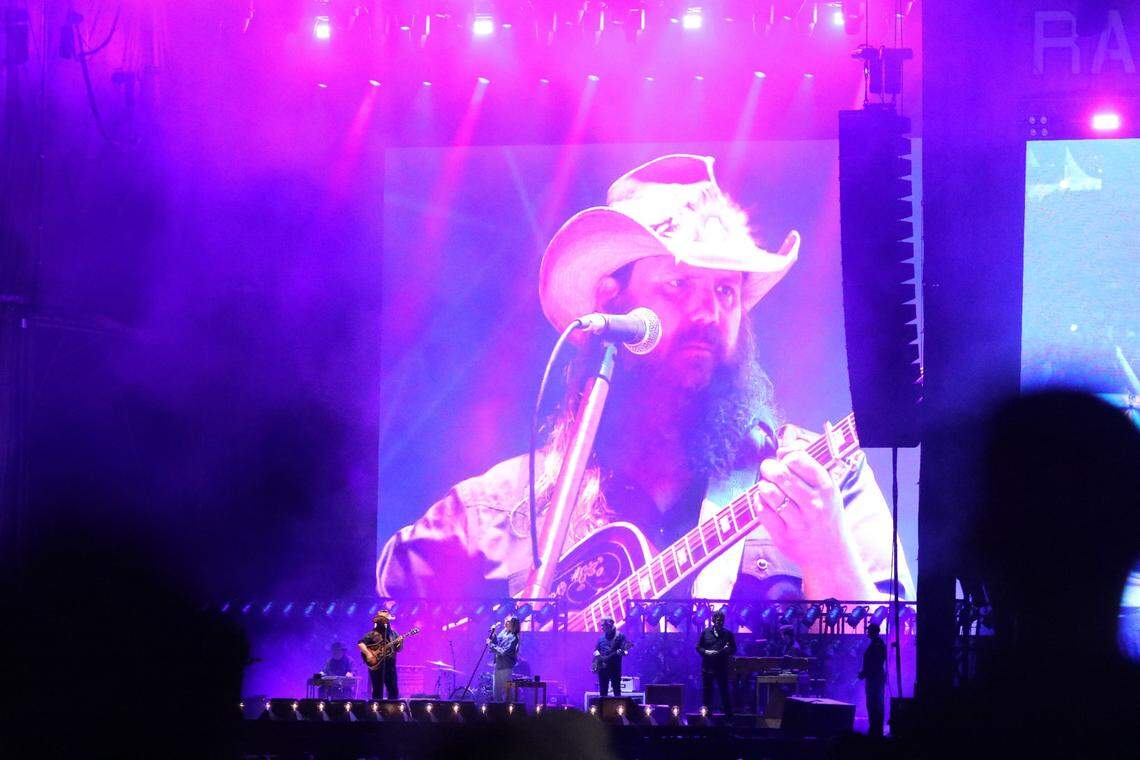 A jumbo screen of American country singer-songwriter and guitarist Chris Stapleton as he graces the stage during the Railbird Music Festival held at The Red Mile race track in Lexington, Ky on June 3, 2024.