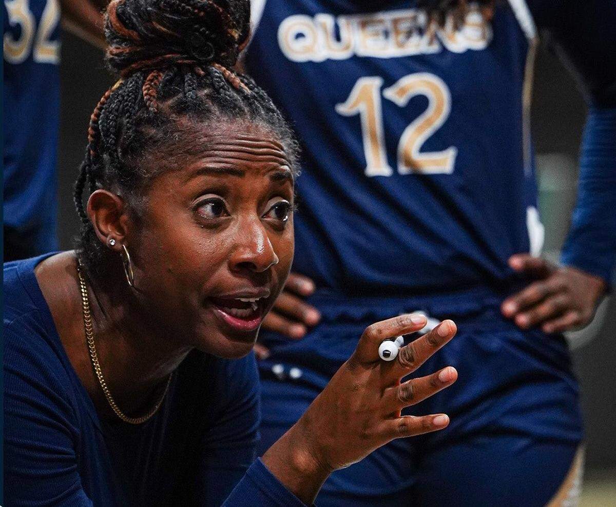 Queens University head coach Jen Brown played and coached under Kentucky’s Kenny Brooks when both were at James Madison. The pair were reunited Monday night in Memorial Coliseum.