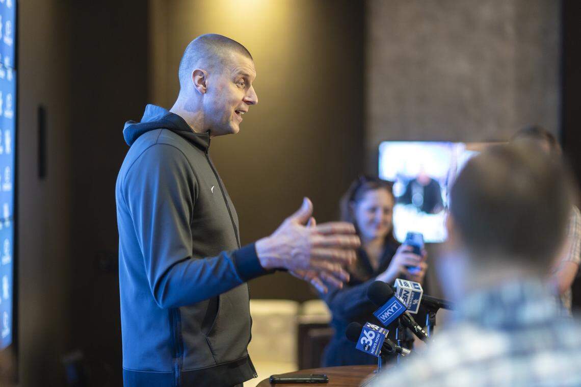 Kentucky Wildcats head coach Mark Pope speaks during a press conference at the team hotel in Nashville, Tenn., on Wednesday, March 12, 2025.