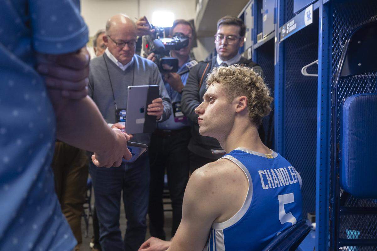 Kentucky guard Collin Chandler speaks to reporters following the team’s loss to Tennessee in the Sweet 16 at Lucas Oil Stadium in Indianapolis on Friday.