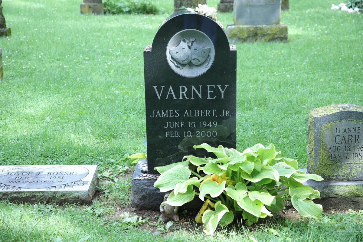 Headstones of American actor and comedian James Albert Varney Jr., best known for his comedic role as Ernest P. Worrell, at Lexington Cemetery in Lexington, Ky on May 9, 2024.