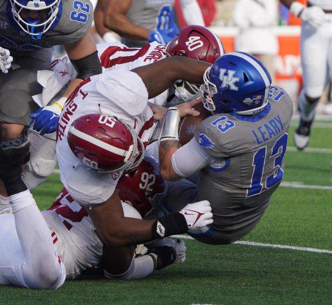 Devin Leary was victimized for three sacks by the Alabama defense on Saturday. The UK quarterback completed 17 of 31 passes for 158 yards with an interception and a TD throw.