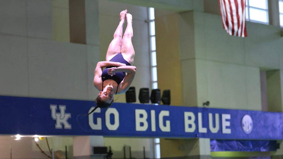 Lexington Catholic’s Sydney Leslie performed a twisting dive during the 2026 KHSAA Girls State Diving Championships at the University of Kentucky’s Lancaster Aquatic Center on Saturday.