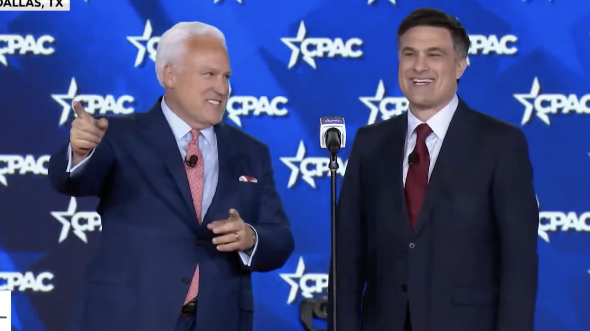 American Conservative Union Chair Matt Schlapp and Kentucky U.S. Senate candidate Nate Morris share the stage at the Conservative Political Action Conference on March 28, 2026.