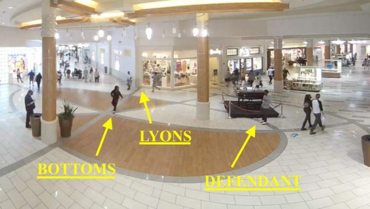 This screen grab from mall surveillance shows several people involved in an altercation which led to the fatal shooting of Kenneth Bottoms on Aug. 23, 2020.