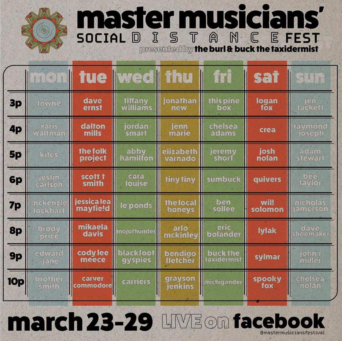 The schedule for the seven-day Master Musicians’ Social Distance Fest.