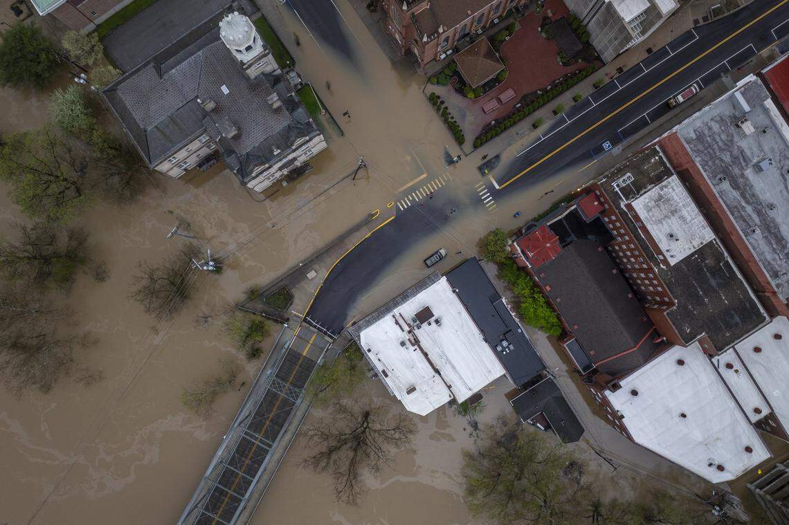 The Kentucky River floods in Frankfort, Ky., on Sunday, April 6, 2025.