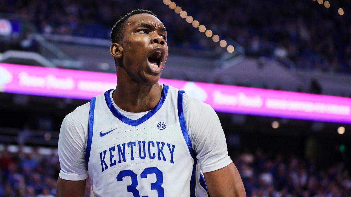 Kentucky freshman Ugonna Onyenso shouts after drawing a foul during the Wildcats’ season opener against Howard.