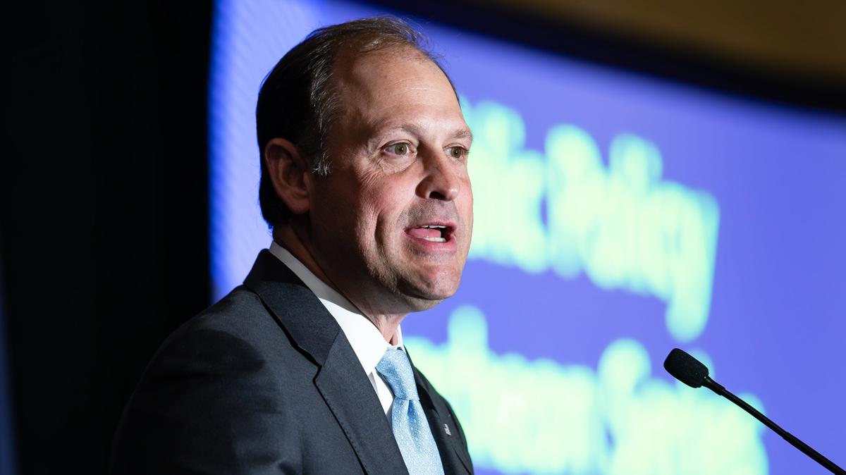 U.S. Rep. Andy Barr, R-Lexington speaks to an audience about the economy, free markets, bourbon tariffs, and government oversight on March 19, 2025, during the Commerce Lexington policy luncheon at the Hyatt Regency in Lexington, Ky.