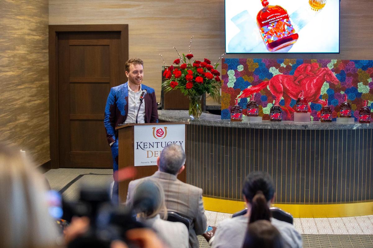 Wylie Caudill speaks during a press conference presenting his design of Woodford Reserve’s commemorative bottle for the 2024 Kentucky Derby at Churchill Downs in Louisville, Ky., on Tuesday, March 5, 2024.