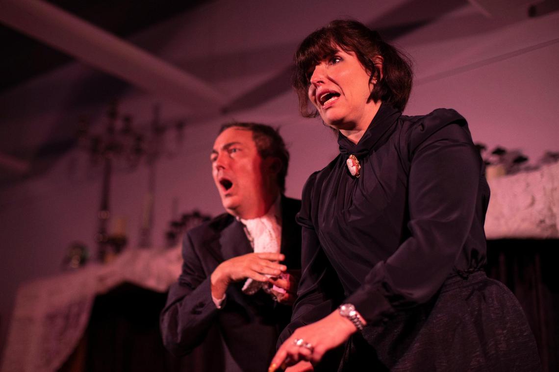Laurie Genet Preston and Ryan Case run through a rehearsal of “Turn of the Screw” by Upstairs at Midnight Theatre Project at Base 249 in Lexington October 25, 2021. “The Turn of the Screw” is an 1898 horror novella by Henry James and is the basis of many horror stories and films.